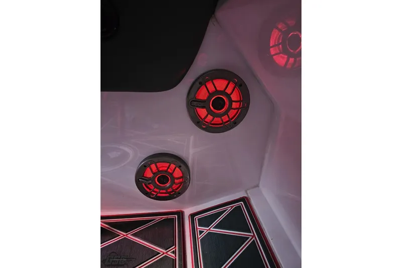 Slide: The Image of Red-lit speakers inside a 2008 Donzi 38 ZR boat cabin. - 52