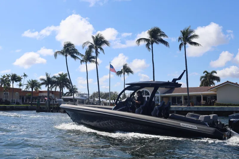 Slide: The Image of Skipper-BSK 34 boat cruising near palm trees and waterfront homes, 2025 model. - 2