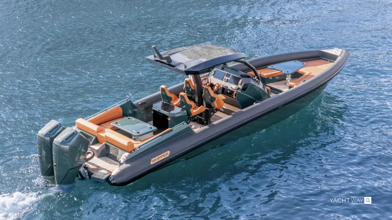 Slide: The Image of 2025 Skipper-BSK 38 boat with dual engines on clear blue water. - 4