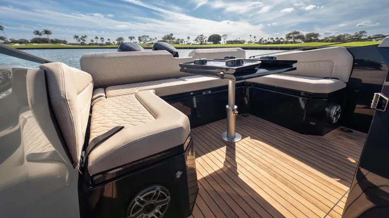 Slide: The Image of Luxurious seating area on 2025 Skipper-BSK 38 yacht with elegant wood flooring. - 20