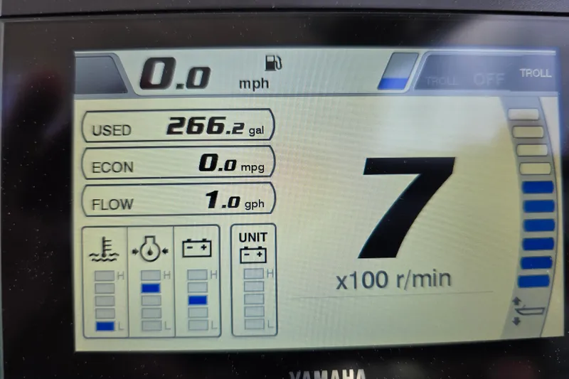 Slide: The Image of Display screen of a 2023 Jeanneau NC Sport 795 Series 2 boat showing fuel and engine data. - 32