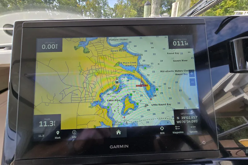 Slide: The Image of Garmin navigation display on Jeanneau NC Sport 795 Series 2, showing detailed marine chart. - 42