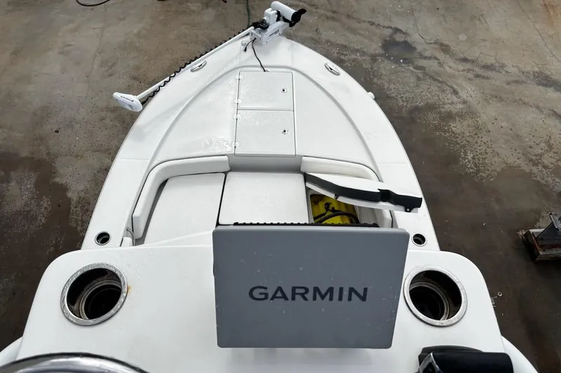 Slide: The Image of 2023 Robalo 246 Cayman SD boat deck with Garmin equipment, viewed from above. - 12