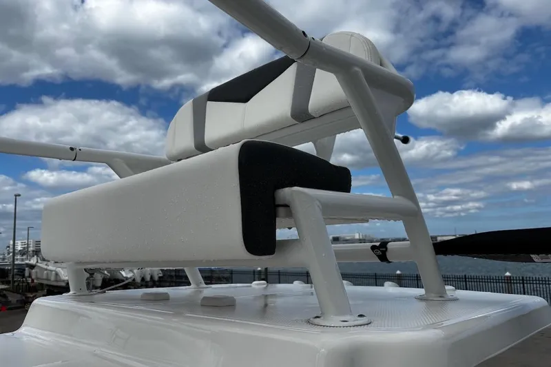Slide: The Image of 2023 Robalo 246 Cayman SD boat seat against a cloudy sky backdrop. - 48