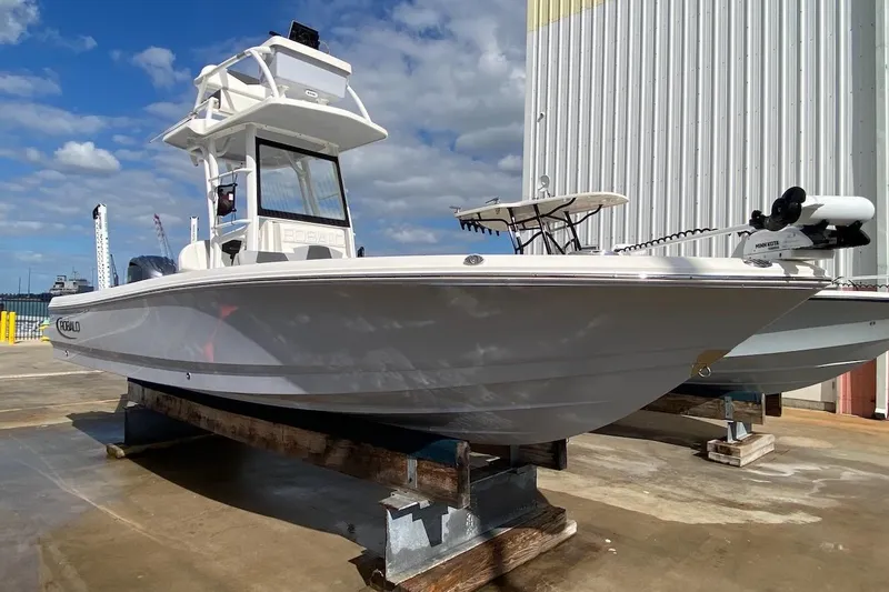 Slide: The Image of 2023 Robalo 246 Cayman SD boat on display at a marina. - 9