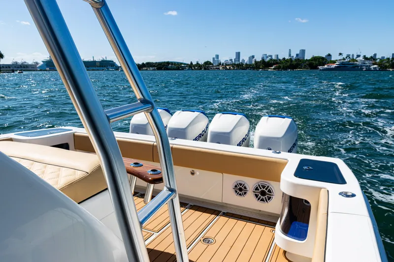 Slide: The Image of 2016 SeaVee 430 boat with powerful engines cruising on a sunny day. - 63