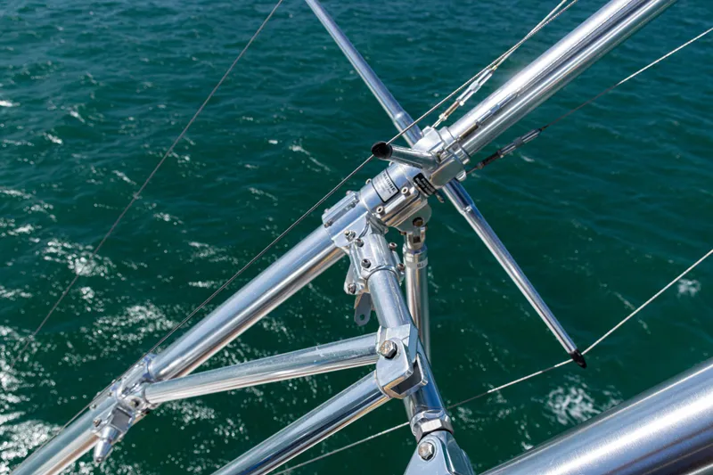 Slide: The Image of Close-up of 2016 SeaVee 430 boat's metal rigging over ocean water. - 85