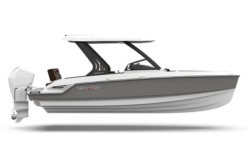 Slide: The Image of Manufacturer Provided Image: 2026 Monterey Elite 25 OB boat, sleek design, white and gray exterior, outboard motor. - 23