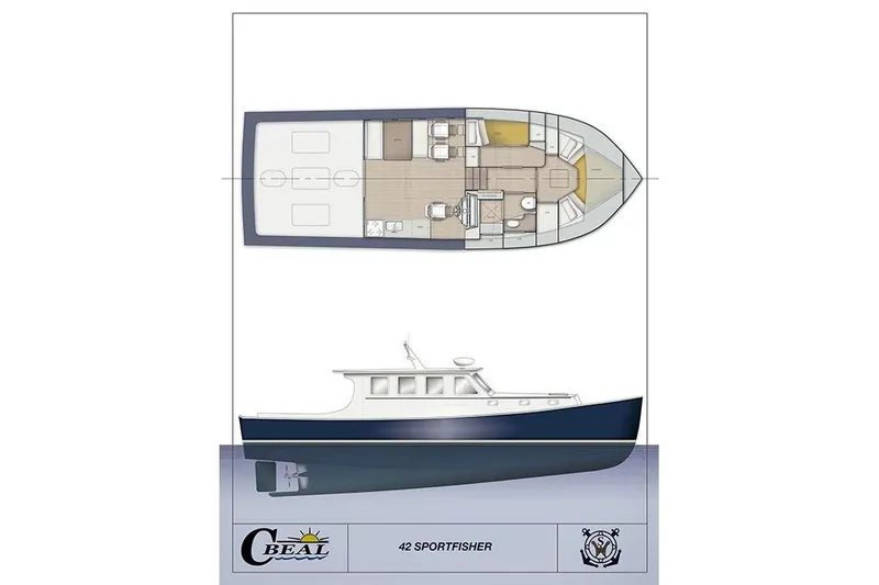 Slide: The Image of Calvin Beal 2025 Sedan 42 Sportfisher boat layout and side profile illustration. - 1
