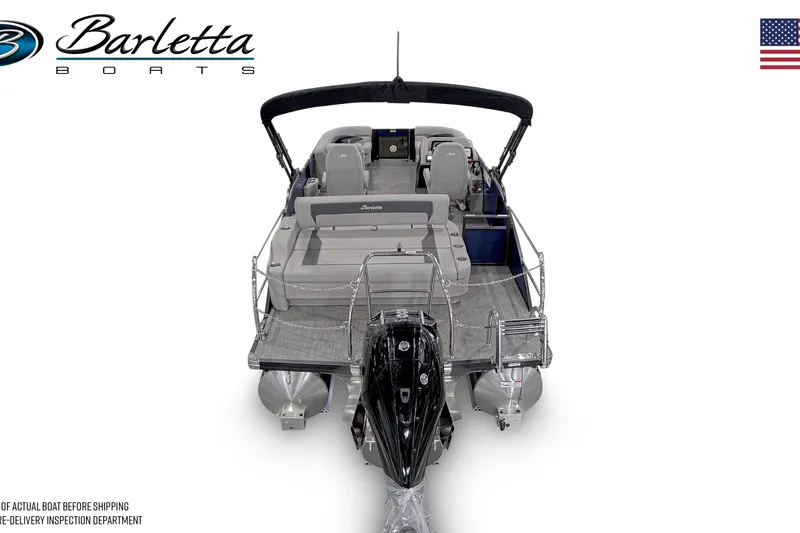 Slide: The Image of 2026 Barletta ARIA 22UC pontoon boat, rear view, showcasing seating and motor. - 3