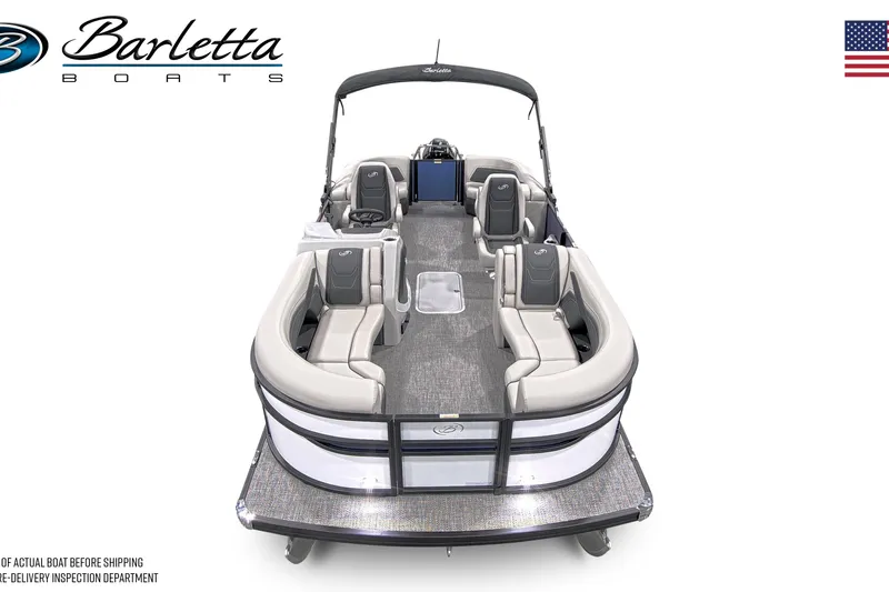 Slide: The Image of 2026 Barletta Cabrio 22QC pontoon boat with spacious seating and sleek design. - 6