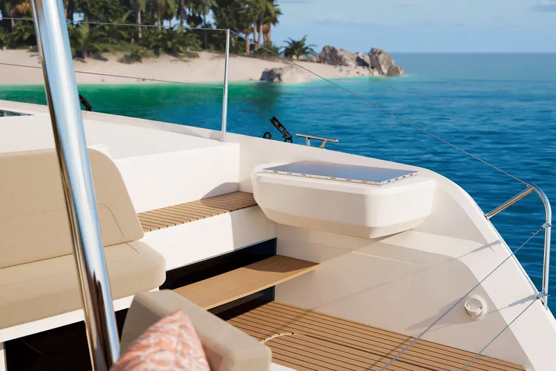 Slide: The Image of Luxurious 2026 Fountaine Pajot 48 yacht deck with ocean view and tropical island backdrop. - 21