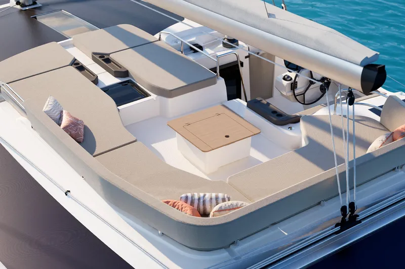 Slide: The Image of Luxurious 2026 Fountaine Pajot 48 yacht deck with comfortable seating and ocean view. - 26
