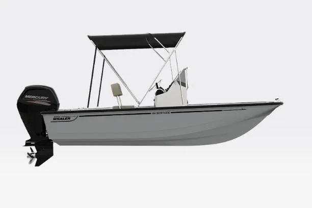 The Image of 2026 Boston Whaler 150 Montauk boat with Mercury engine and canopy, side view. - 1