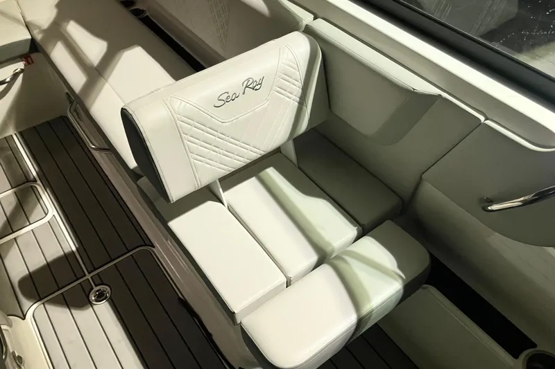 Slide: The Image of Luxurious seating on 2025 Sea Ray SDX 270 Outboard boat, featuring elegant design and comfort. - 16