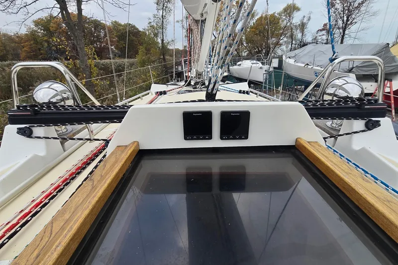 Slide: The Image of 2018 Tartan 345 sailboat deck with rigging and navigation equipment. - 43