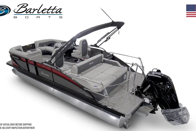 Slide: The Image of 2026 Barletta Cabrio 22UC pontoon boat with sleek design and Mercury outboard motor. - 2