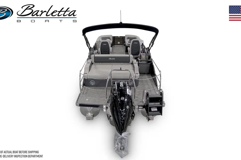 Slide: The Image of 2026 Barletta Cabrio 22UC pontoon boat, rear view with seating and motor. - 3