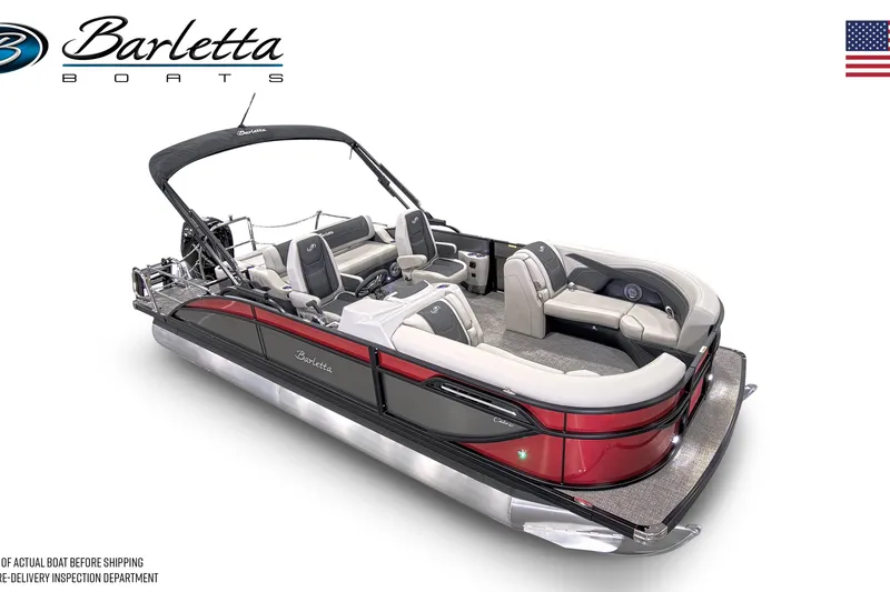 Slide: The Image of 2026 Barletta Cabrio 22UC pontoon boat with sleek design and spacious seating. - 5