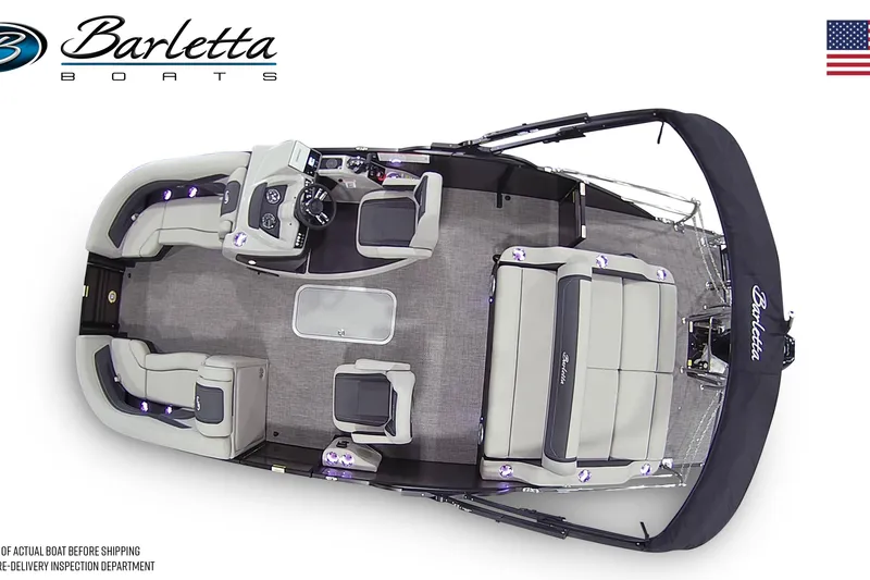 Slide: The Image of 2026 Barletta Cabrio 22UC pontoon boat, top view, showcasing spacious seating and modern design. - 7