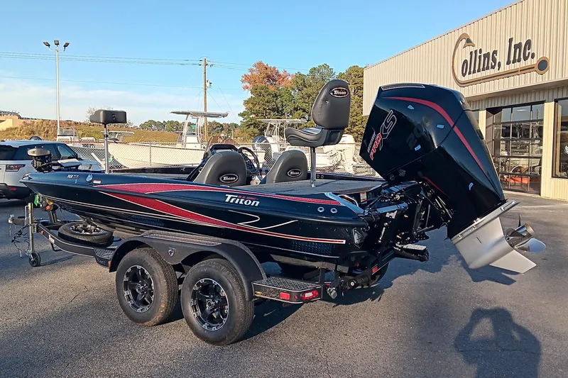 Slide: The Image of 2026 Triton 18 TrX boat with powerful engine, parked outside Collins, Inc. dealership. - 2