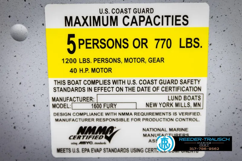 Slide: The Image of 2026 Lund 1600 Fury Tiller capacity label: 5 persons, 770 lbs, 40 HP motor. - 42