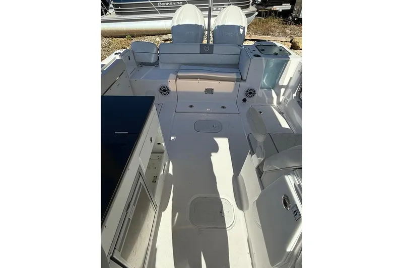Slide: The Image of 2025 Sea Fox 288 Traveler boat interior with seating and storage features. - 6