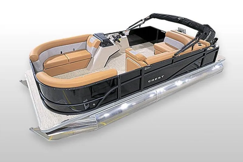 Slide: The Image of Manufacturer Provided Image: 2025 Crest Conquest SE 200 Cruise pontoon boat with tan seating and sleek black design. - 14