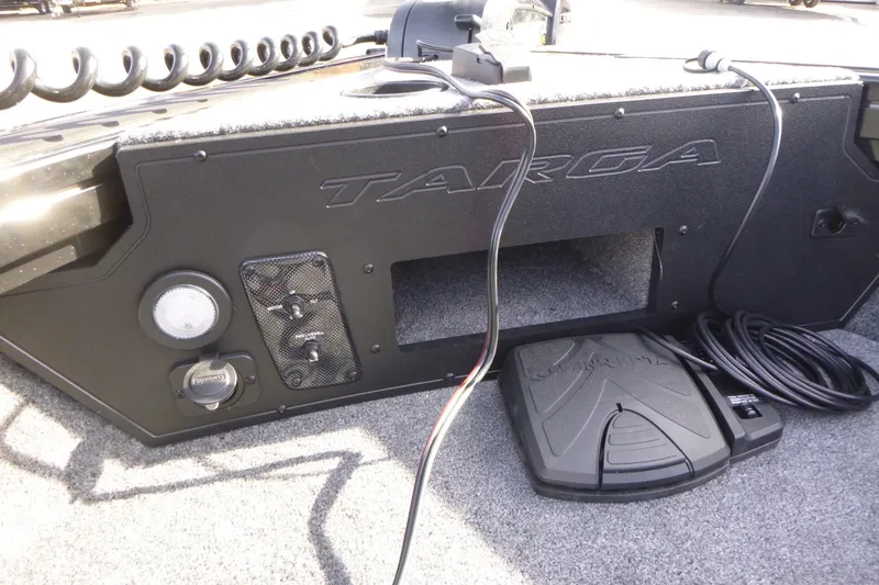 Slide: The Image of 2026 Tracker Targa V-19 Combo boat interior with control panel and foot pedal. - 39