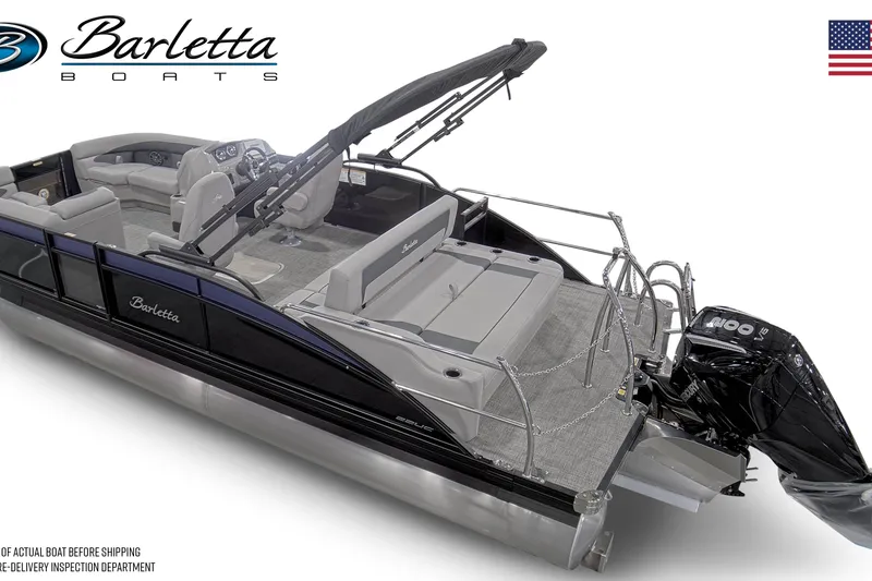 Slide: The Image of 2025 Barletta A22UC pontoon boat with sleek design and modern features. - 5