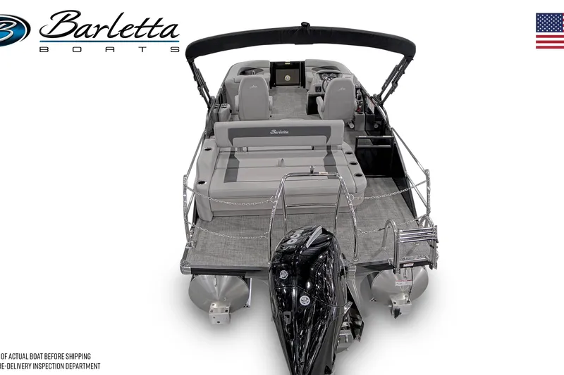 Slide: The Image of 2025 Barletta A22UC pontoon boat, rear view, showcasing seating and motor. - 6