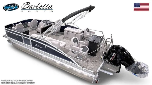 Slide: The Image of 2025 Barletta Aria 22F pontoon boat with modern seating and powerful outboard motor. - 3