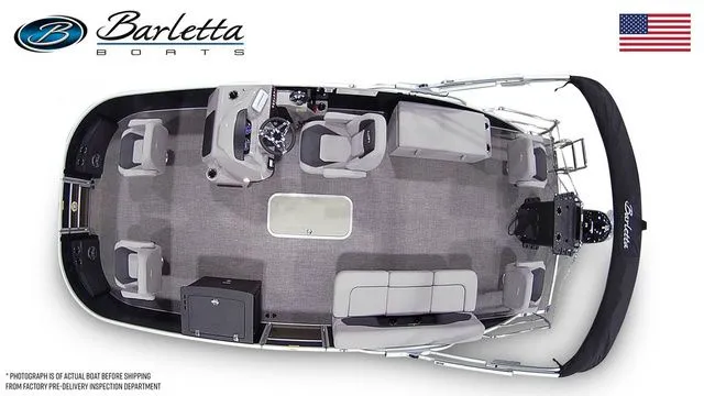 Slide: The Image of 2025 Barletta Aria 22F pontoon boat, top view, spacious seating, modern design, American flag. - 7