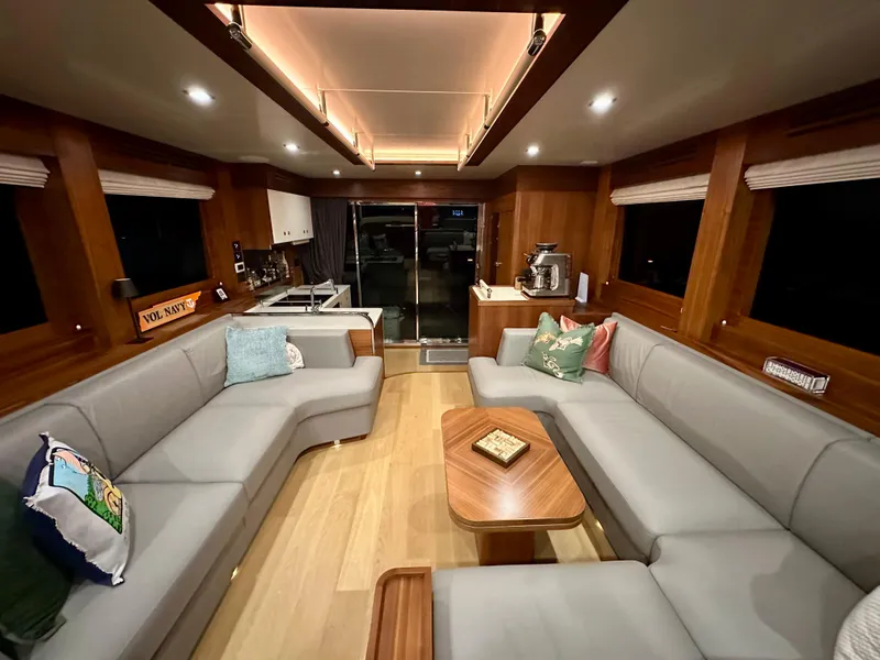 Slide: The Image of Luxurious interior of 2021 Sirena 58 yacht with modern furnishings and ambient lighting. - 29