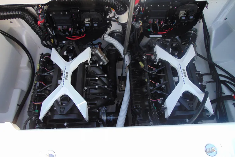 Slide: The Image of 2026 Yamaha Boats 252SD engine compartment with dual high-output engines. - 27