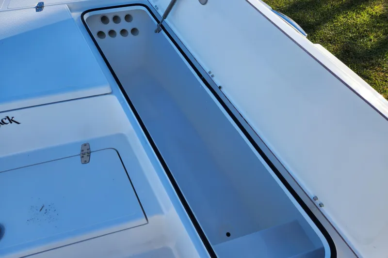 Slide: The Image of 2026 BlackJack 256 Bay boat storage compartment with open lid, showcasing interior space. - 9