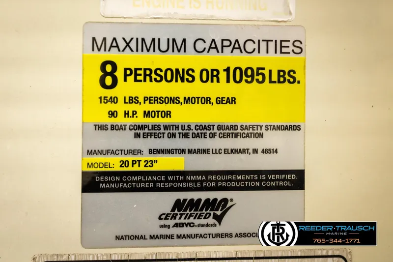 Slide: The Image of Bennington 2050 FSI 2008 capacity label: 8 persons, 1095 lbs, 90 HP motor. - 51