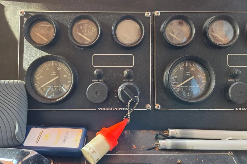 Slide: The Image of Control panel of a 1988 Novamarine 36 Heritage East Trawler with Volvo Penta gauges. - 6
