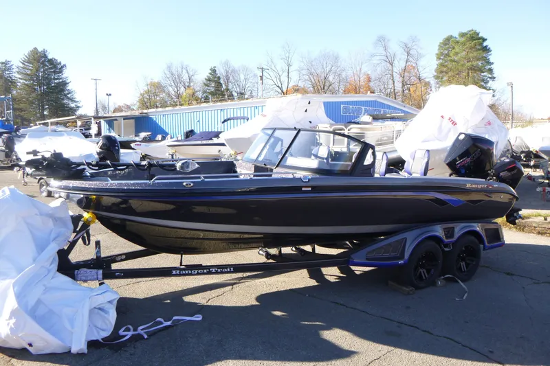 Slide: The Image of 2026 Ranger 621FS Pro boat on trailer, parked outdoors, surrounded by other boats. - 6