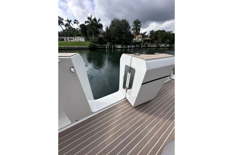 Slide: The Image of 2024 Pardo Yachts P38 deck with sleek design and waterfront view. - 37