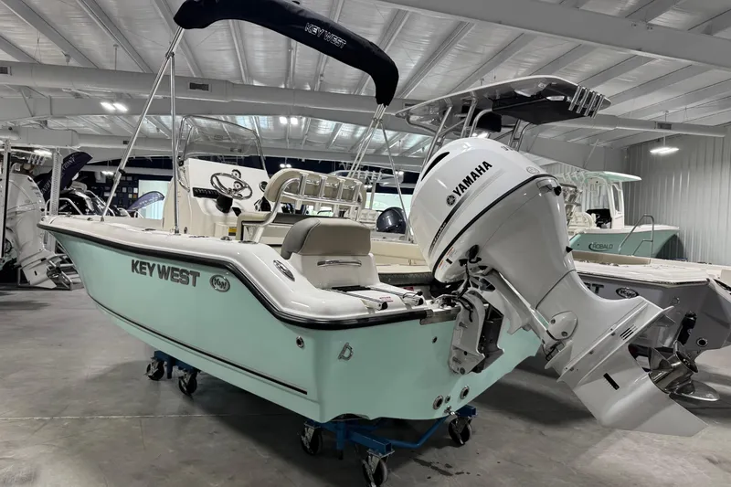 Slide: The Image of 2026 Key West 189 FS boat with Yamaha engine in showroom. - 3
