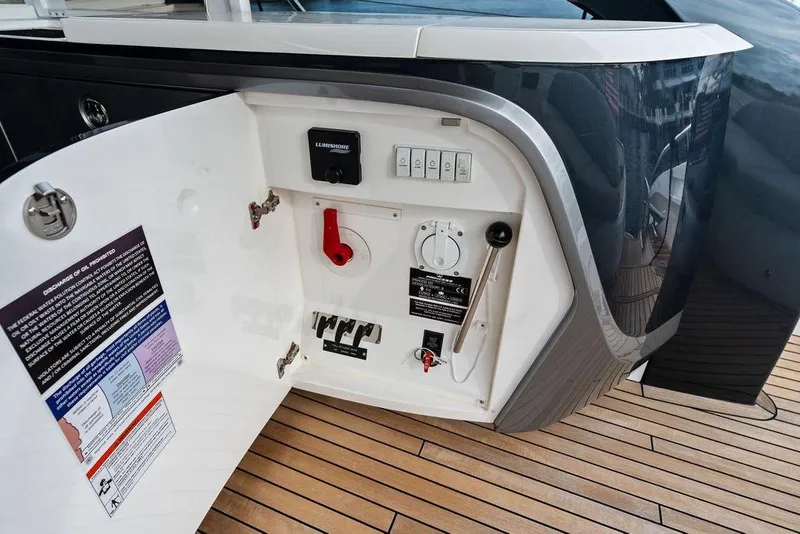 Slide: The Image of Control panel on a 2021 Princess V55 yacht with safety instructions. - 56
