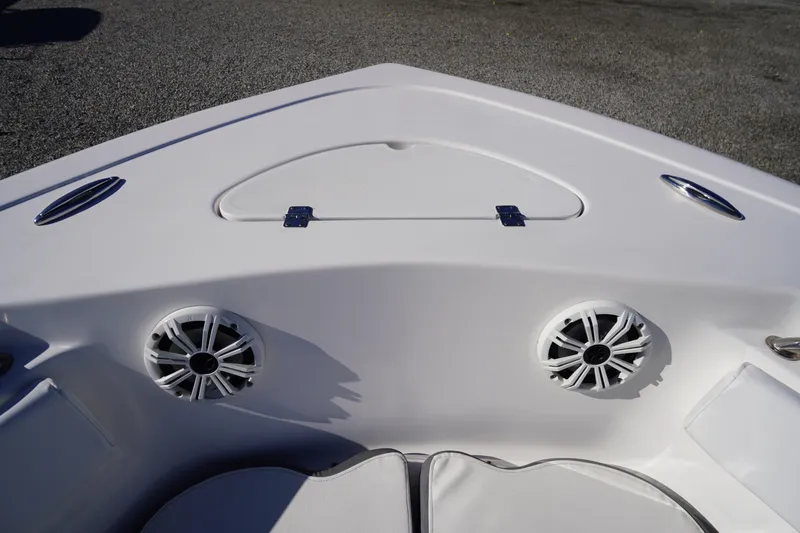 Slide: The Image of 2018 Tidewater 210 LXF boat interior with speakers and storage compartment. - 3