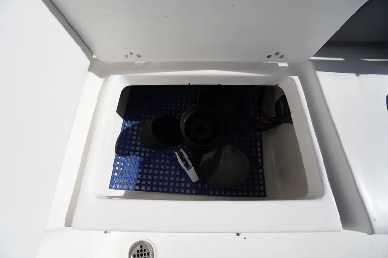Slide: The Image of Storage compartment in 2018 Tidewater 210 LXF boat with blue mat and equipment. - 36