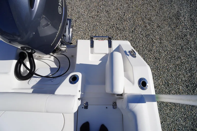 Slide: The Image of 2018 Tidewater 210 LXF boat deck with Yamaha engine, viewed from above. - 43