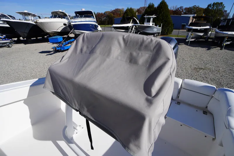 Slide: The Image of 2018 Tidewater 210 LXF boat with covered console, displayed in a marina. - 55