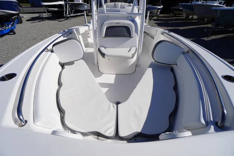 Slide: The Image of 2018 Tidewater 210 LXF boat interior with cushioned seating and stainless steel rails. - 6