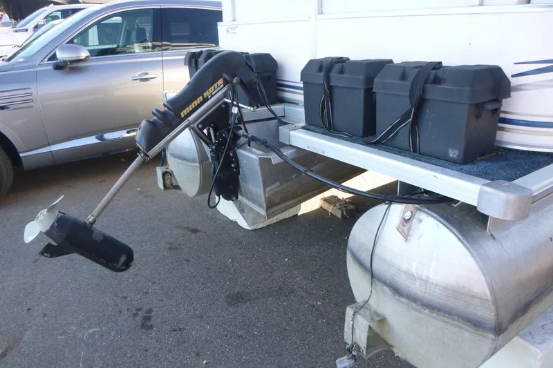 Slide: The Image of 2003 Smoker Craft 816 Infinity Fish pontoon boat with motor and battery boxes. - 5