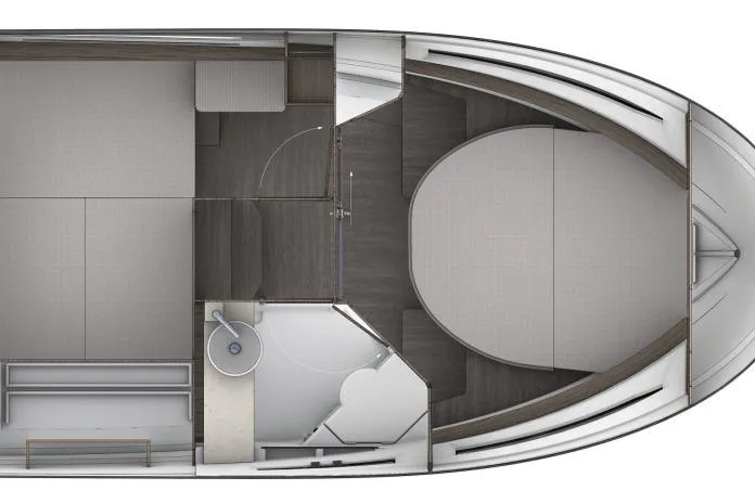 Slide: The Image of 2025 Jeanneau NC895 S2 boat interior layout with cabin and bathroom. - 12