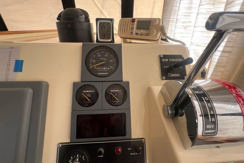 Slide: The Image of 2005 Camano Trawler dashboard with gauges, controls, and bow thruster lever. - 24